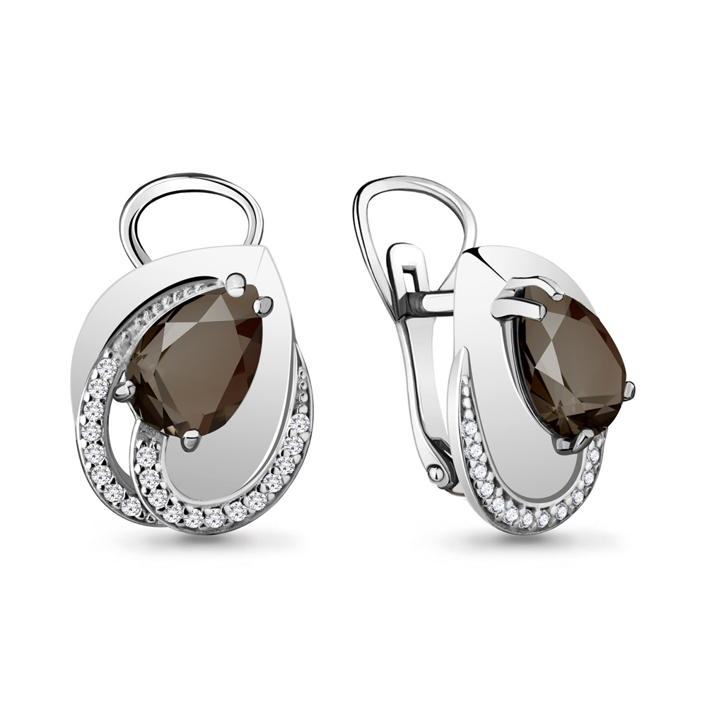 4478701А Серьги из Серебра с кварцами дымчатыми, фианитами