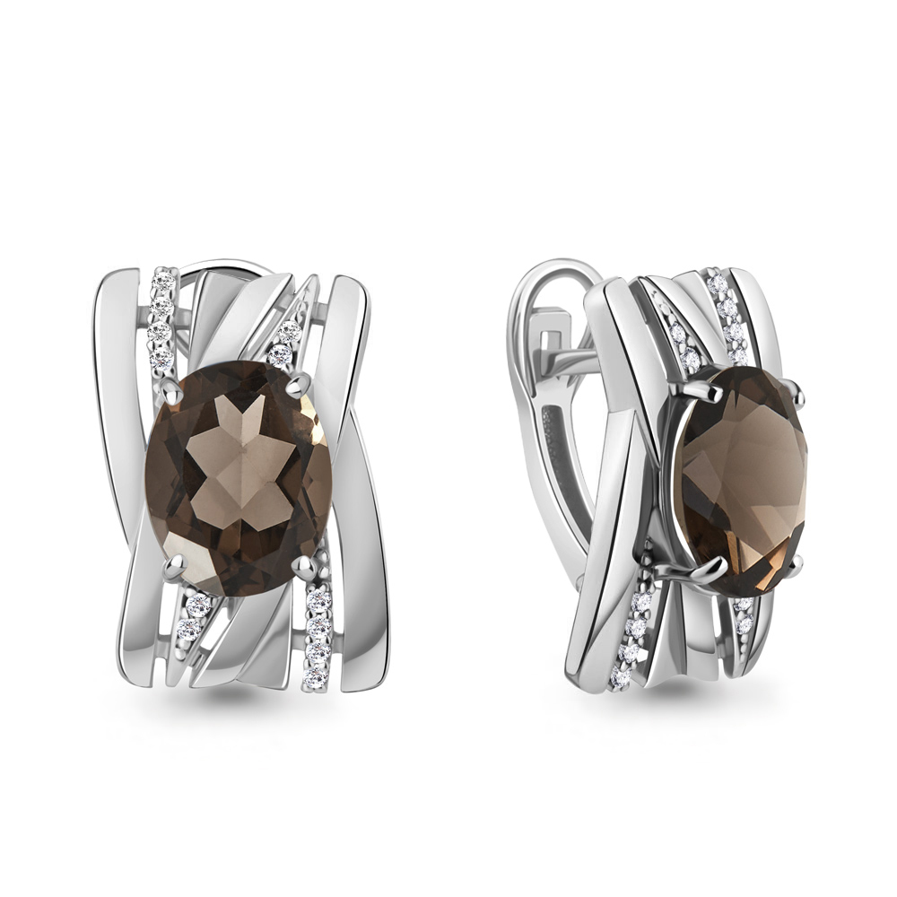 4478801А Серьги из Серебра с кварцами дымчатыми, фианитами