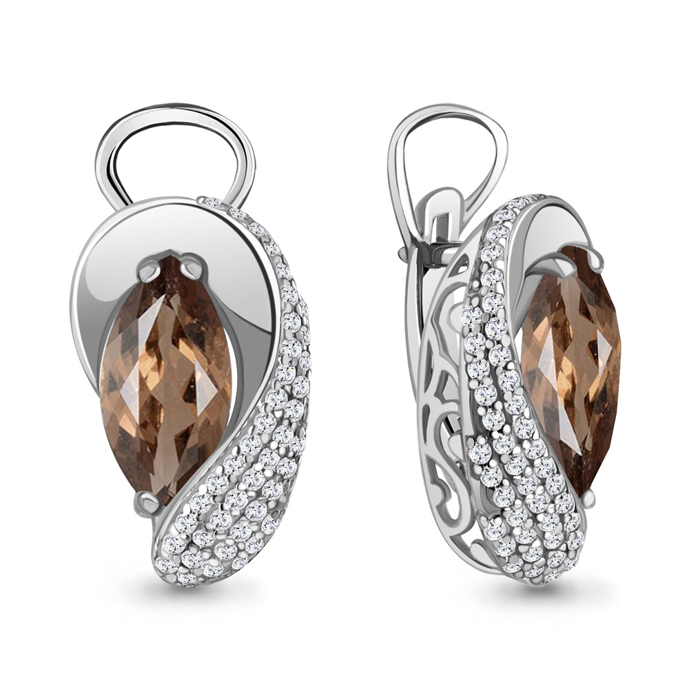 4478901А Серьги из Серебра с кварцами дымчатыми, фианитами