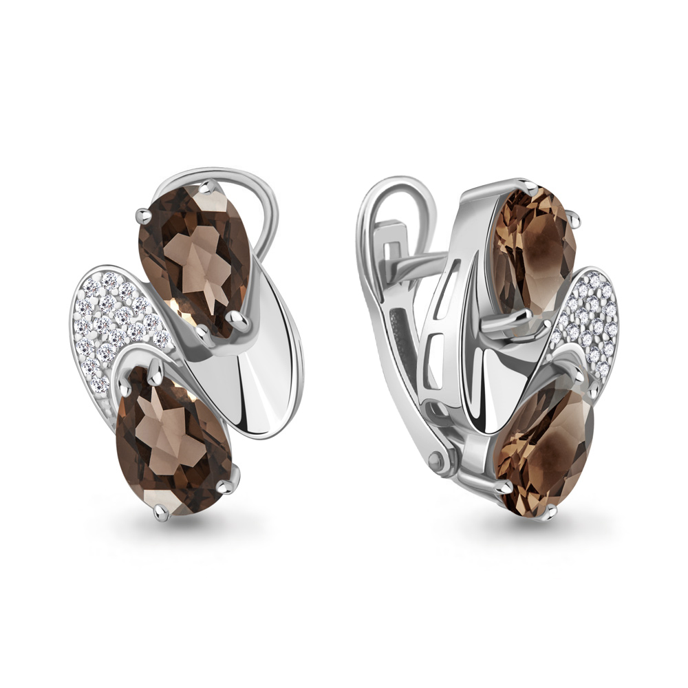 4479001А Серьги из Серебра с кварцами дымчатыми, фианитами
