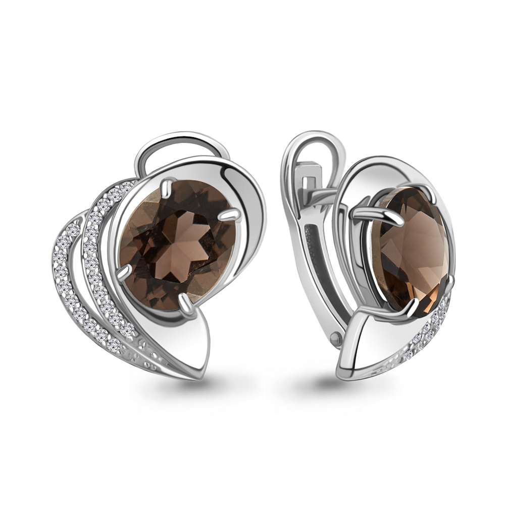 4479101А Серьги из Серебра с кварцами дымчатыми, фианитами