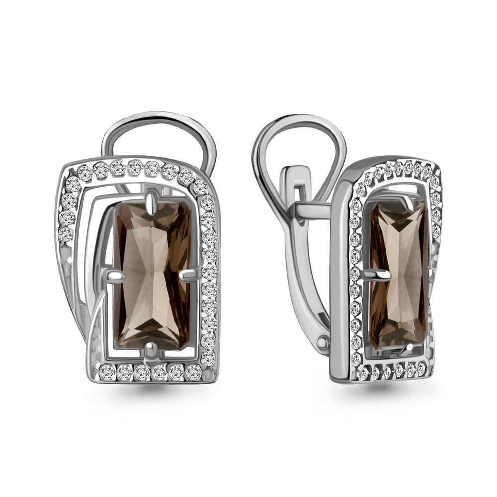 4479501А Серьги из Серебра с кварцами дымчатыми, фианитами