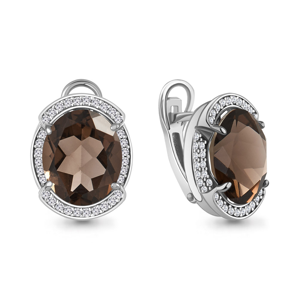4479601А Серьги из Серебра с кварцами дымчатыми, фианитами