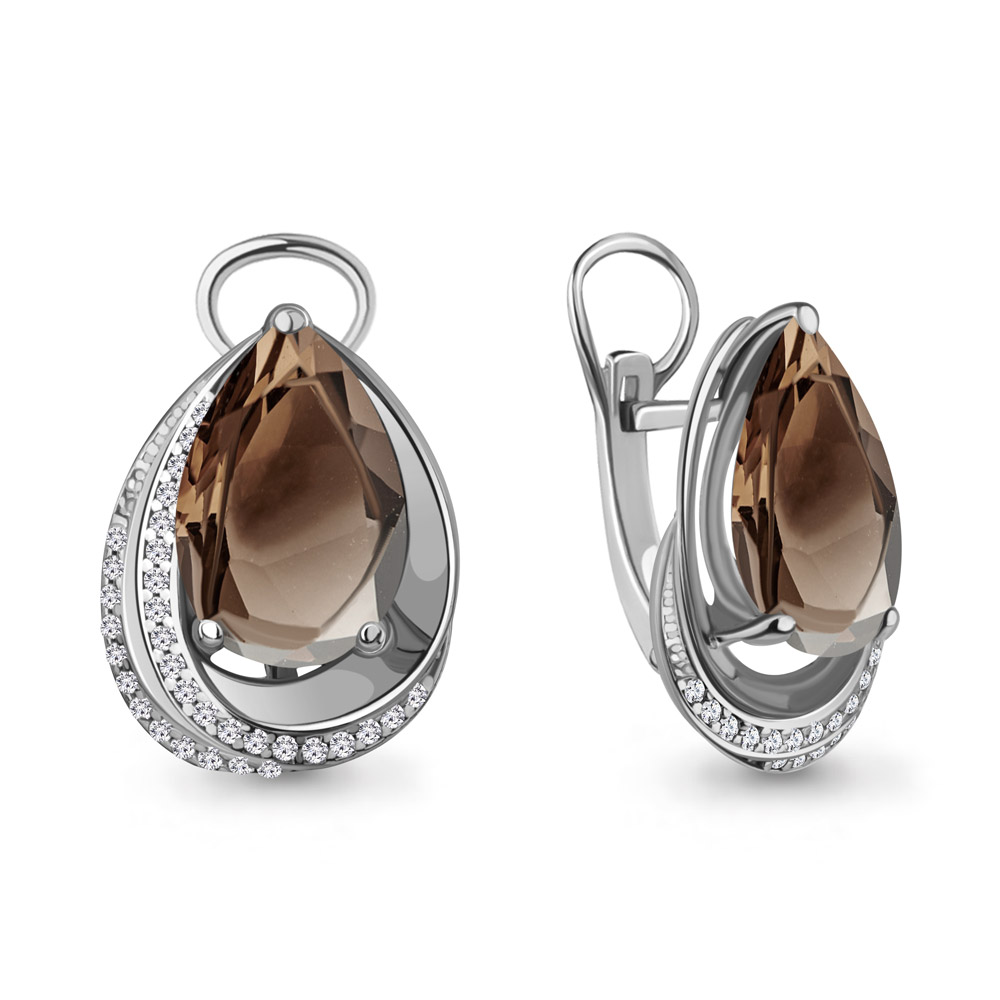4479901А Серьги из Серебра с кварцами дымчатыми, фианитами