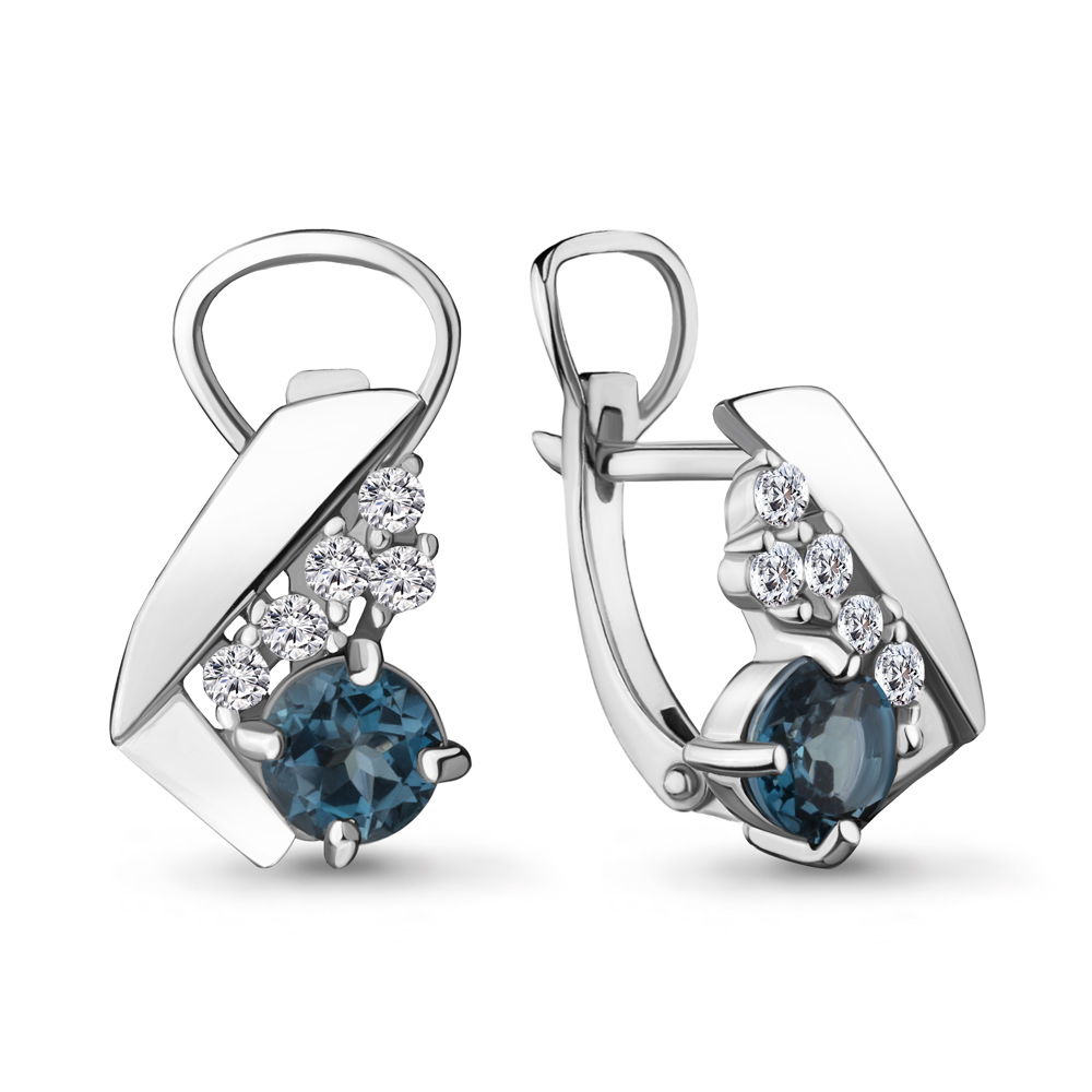 4482108А Серьги из Серебра с топазами лондон блю, фианитами
