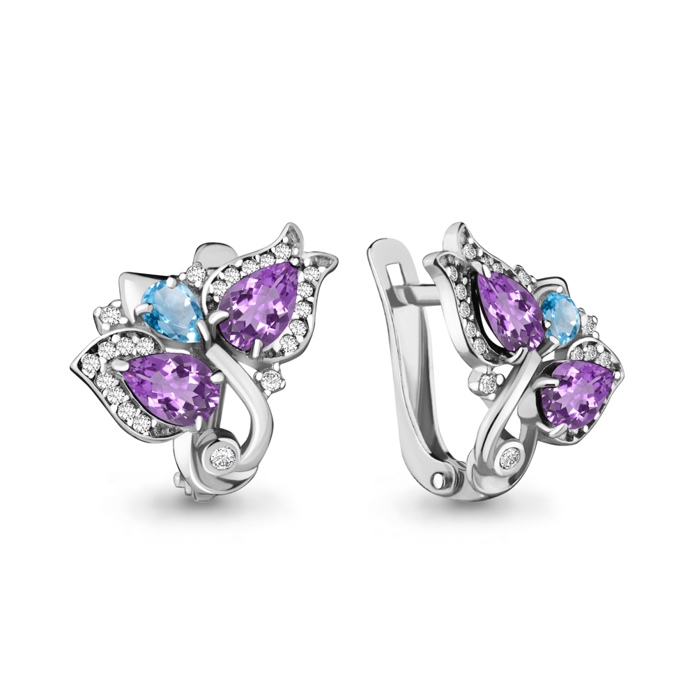 4488030А Серьги из Серебра с аметистами, топазами свисс блю, фианитами