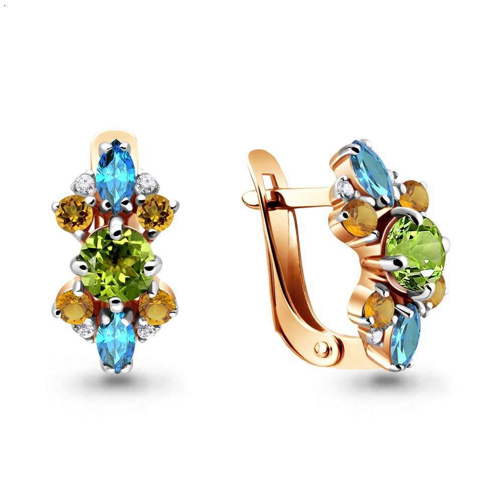 4497558 Серьги из Золота с топазами свисс блю, фианитами, хризолитами, цитринами из коллекции "Belle"