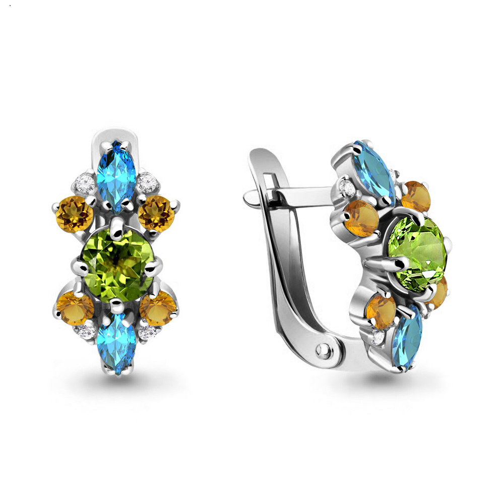 4497558 Серьги из Серебра с топазами свисс блю, хризолитами, цитринами из коллекции "Belle"