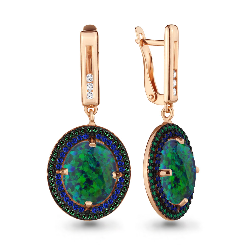 4498596ГБ Серьги из Золота с наноизумрудами, наносапфирами, опалами иск., фианитами из коллекции "Флёр"