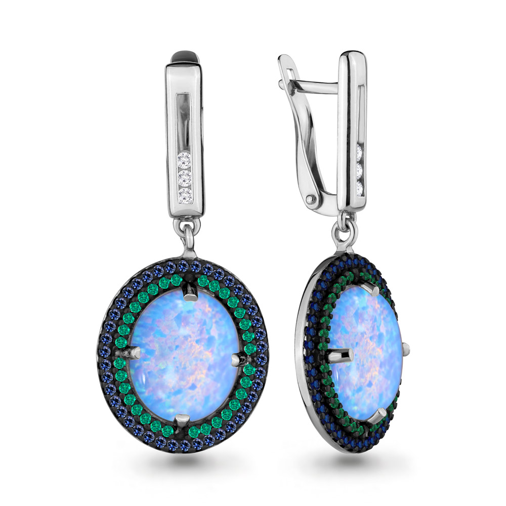 4498597БГ Серьги из Серебра с наноизумрудами, наносапфирами, опалами иск., фианитами из коллекции "Флёр"