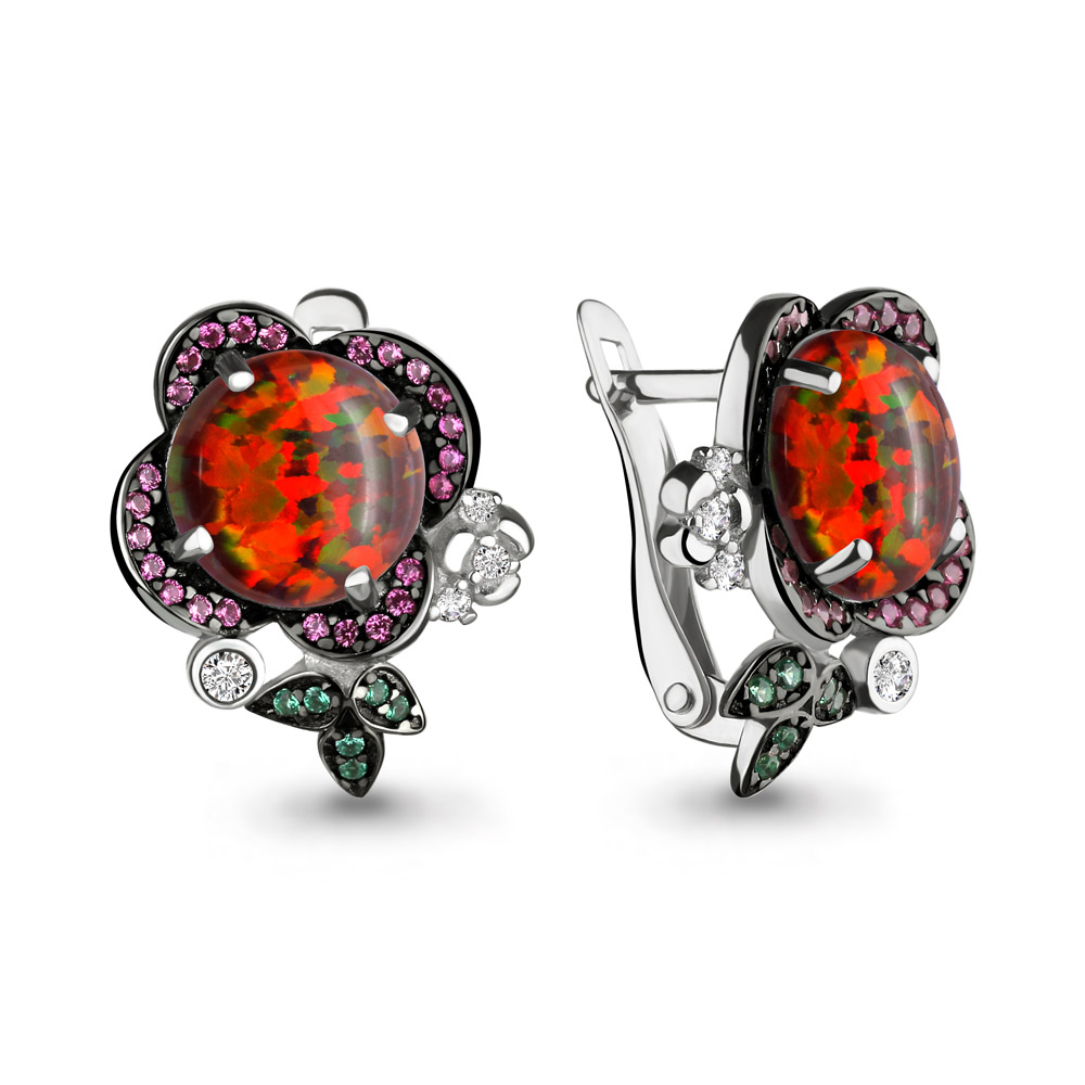 4498787ВГ Серьги из Серебра с наноизумрудами, нанотурмалинами, опалами иск., фианитами из коллекции "Флёр"