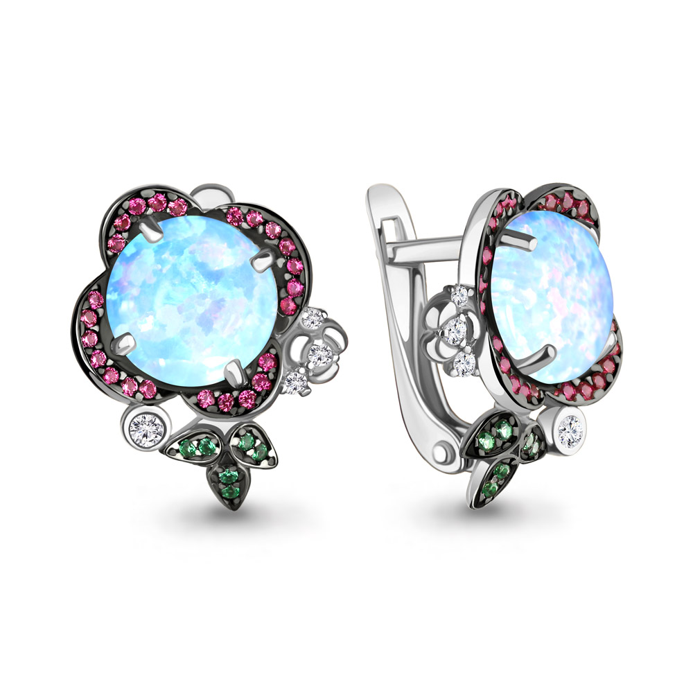 4498797ВГ Серьги из Серебра с наноизумрудами, нанотурмалинами, опалами иск., фианитами из коллекции "Флёр"