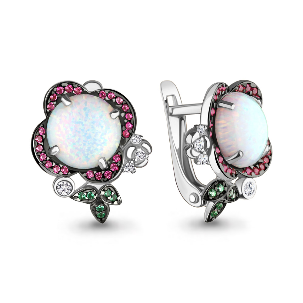 4498798ГВ Серьги из Серебра с наноизумрудами, нанотурмалинами, опалами иск., фианитами из коллекции "Флёр"
