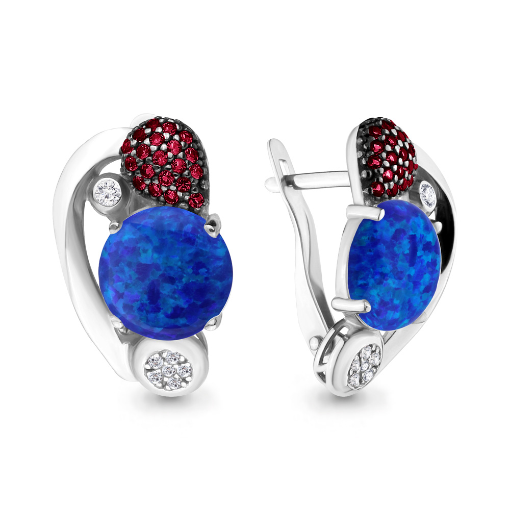 4499195В Серьги из Серебра с опалами иск., рубиновыми корундами, фианитами из коллекции "Флёр"