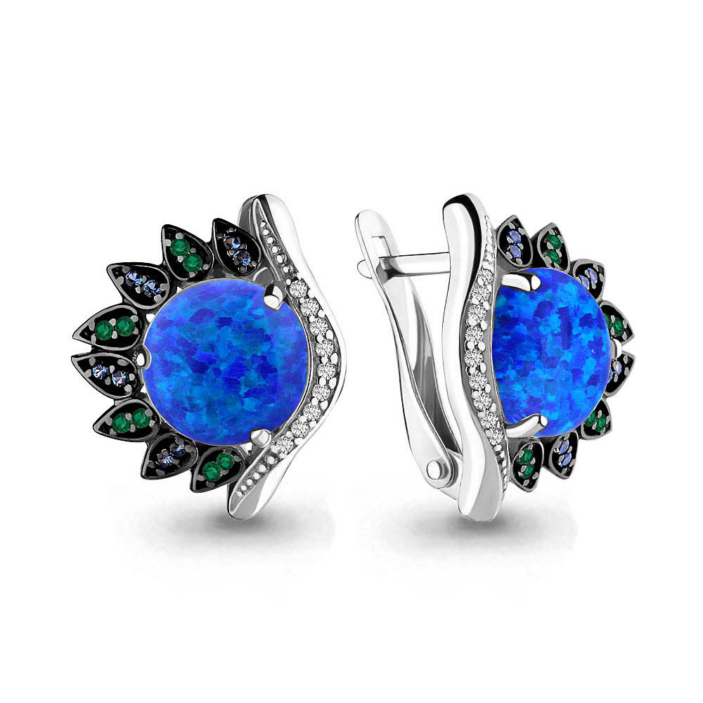 4499795ГБ Серьги из Серебра с наноизумрудами, наносапфирами, опалами иск., фианитами из коллекции "Флёр"