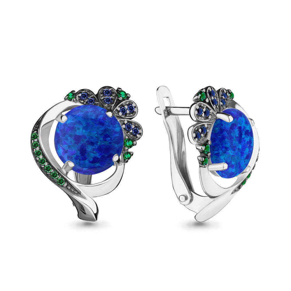 4499895ГБ Серьги из Серебра с наноизумрудами, наносапфирами, наносапфирами, опалами иск. из коллекции "Флёр"