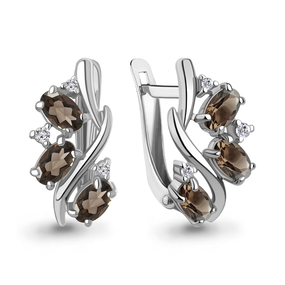 45004201А Серьги из Серебра с кварцами дымчатыми, фианитами