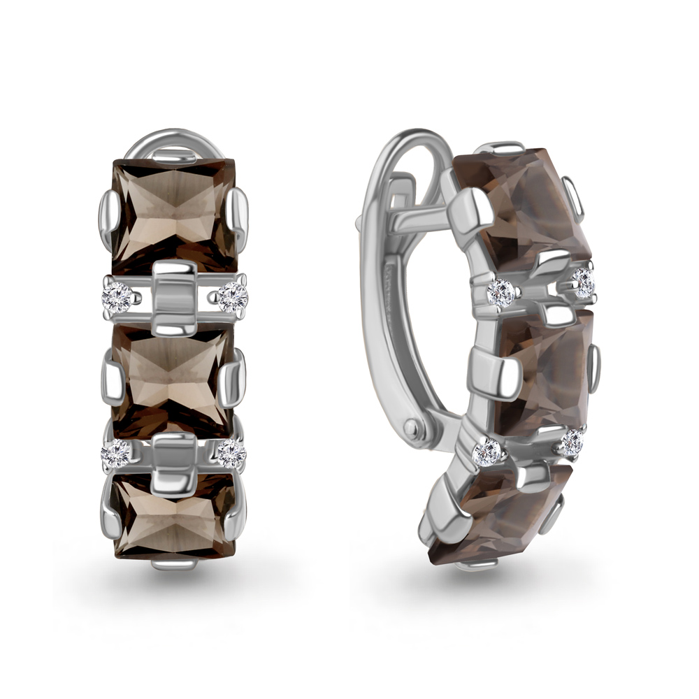 45004501А Серьги из Серебра с кварцами дымчатыми, фианитами