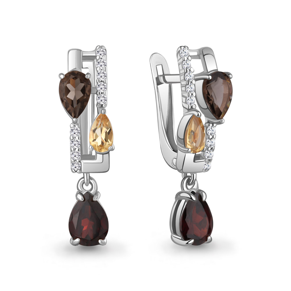 45004847А Серьги из Серебра с гранатами, кварцами дымчатыми, фианитами, цитринами