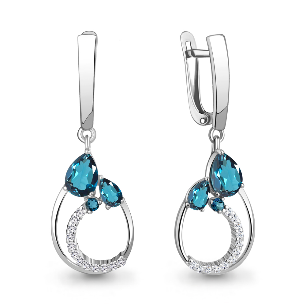 45006808А Серьги из Серебра с топазами лондон блю, фианитами