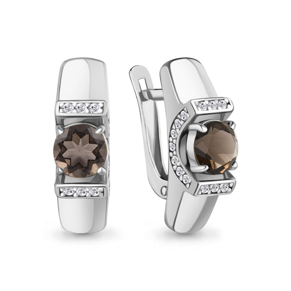 45007501А Серьги из Серебра с кварцами дымчатыми, фианитами