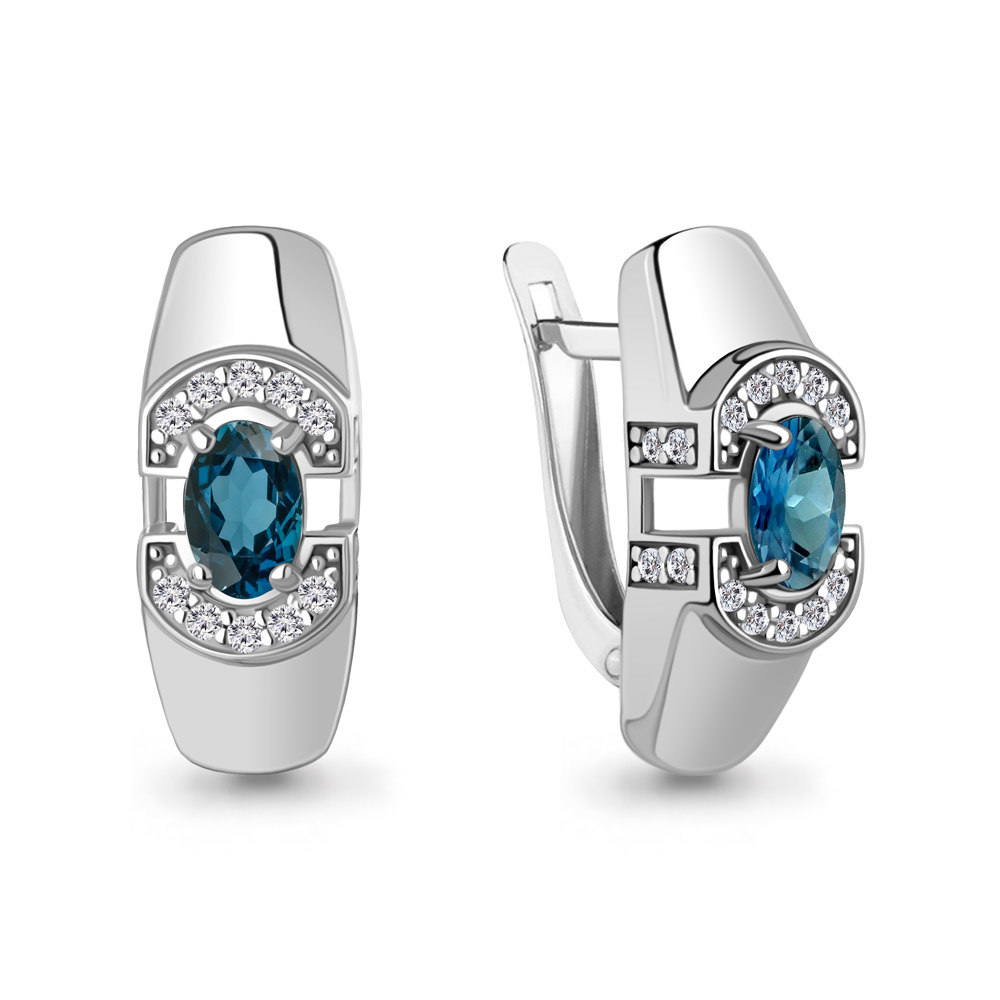 45007608А Серьги из Серебра с топазами лондон блю, фианитами