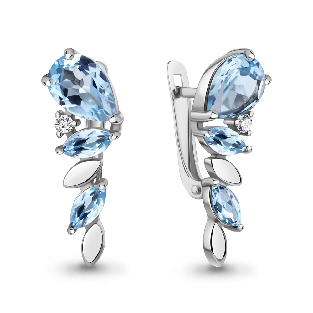 45009005А Серьги из Серебра с топазами свисс блю, фианитами