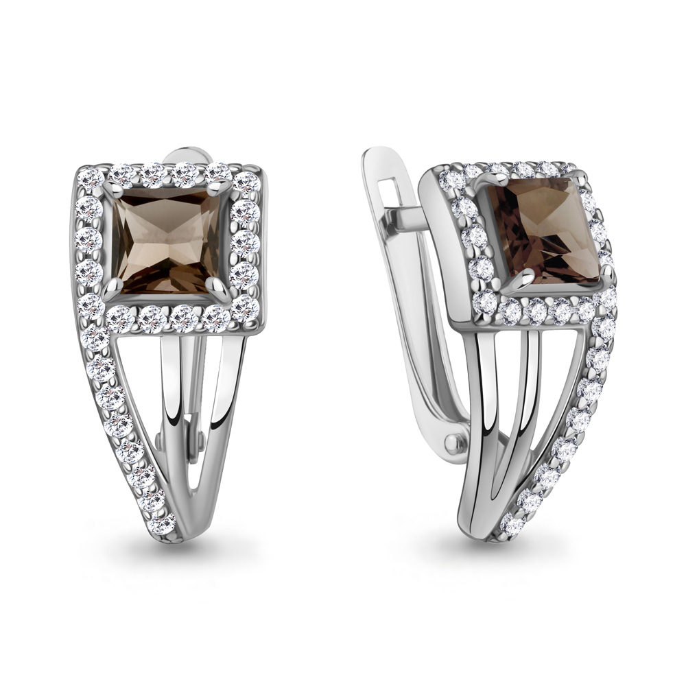 45009201А Серьги из Серебра с кварцами дымчатыми, фианитами