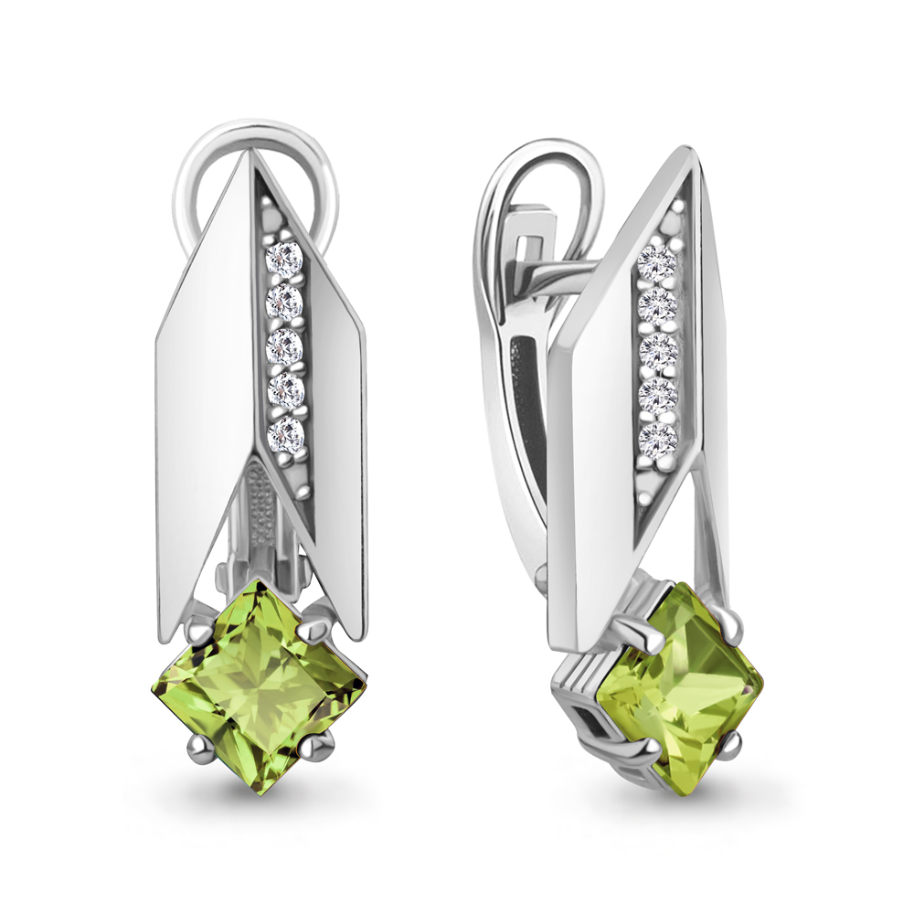 45009707А Серьги из Серебра с фианитами, хризолитами