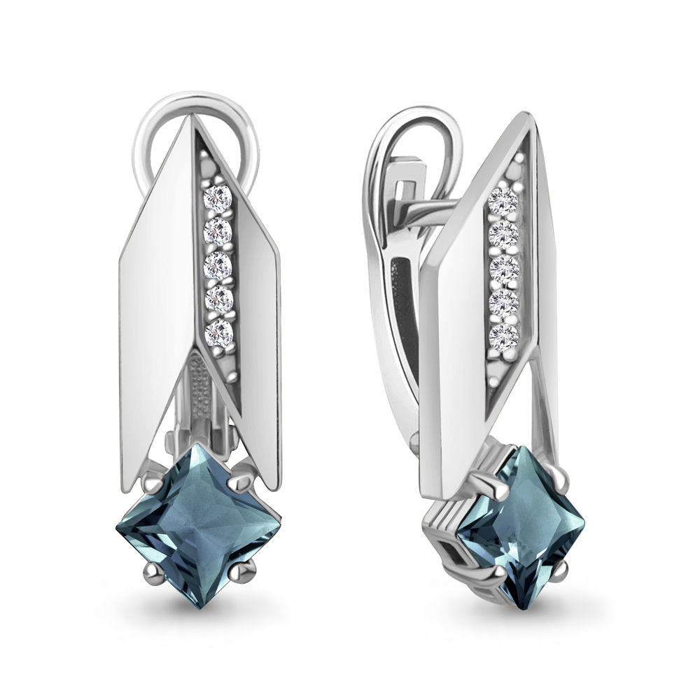 45009708А Серьги из Серебра с топазами лондон блю, фианитами