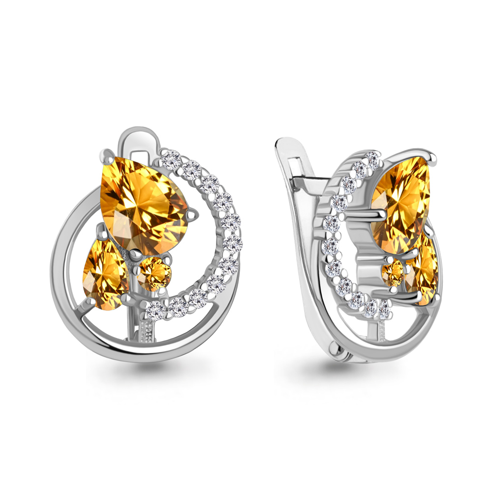 45009806А Серьги из Серебра с фианитами, цитринами