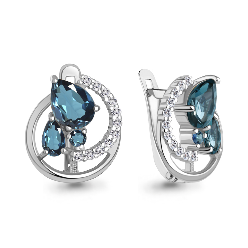 45009808А Серьги из Серебра с топазами лондон блю, фианитами