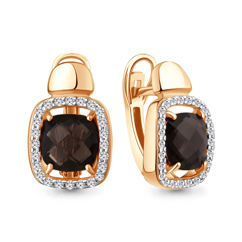 45009901А Серьги из Золота с кварцами дымчатыми, фианитами