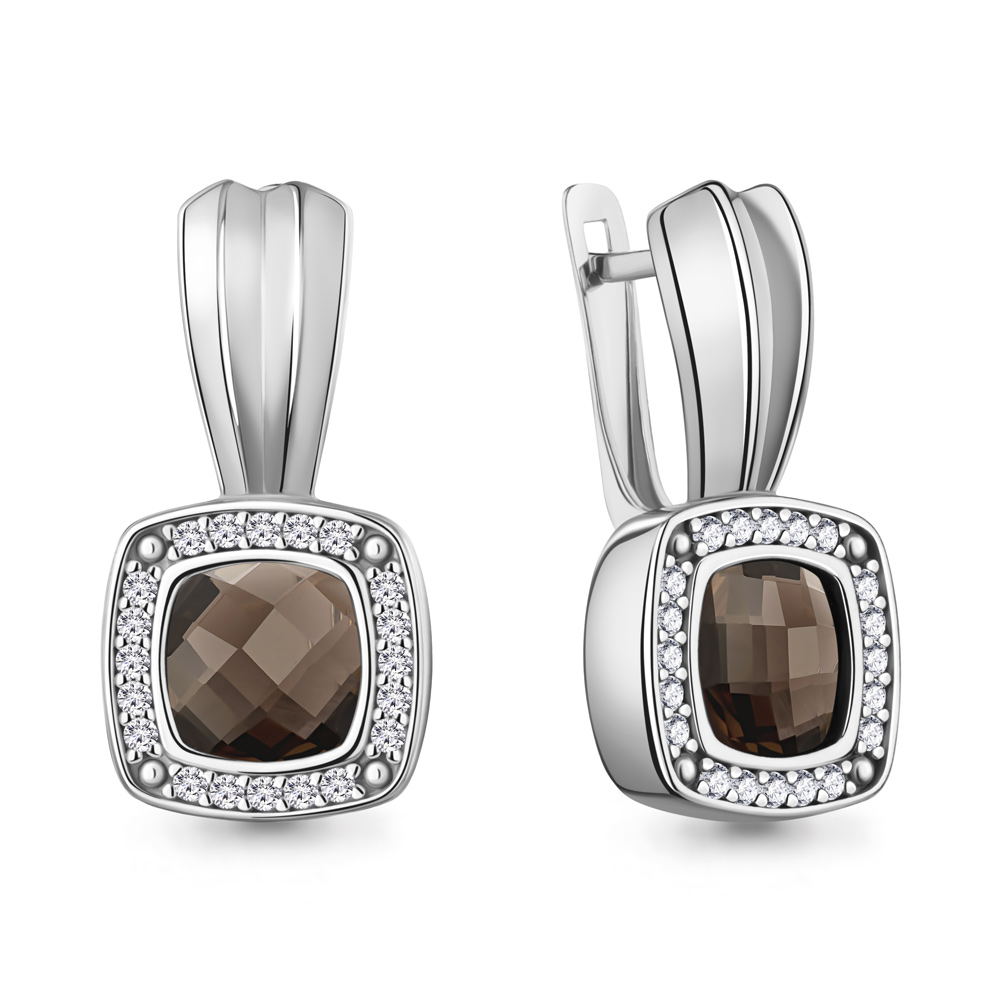45011501А Серьги из Серебра с кварцами дымчатыми, фианитами