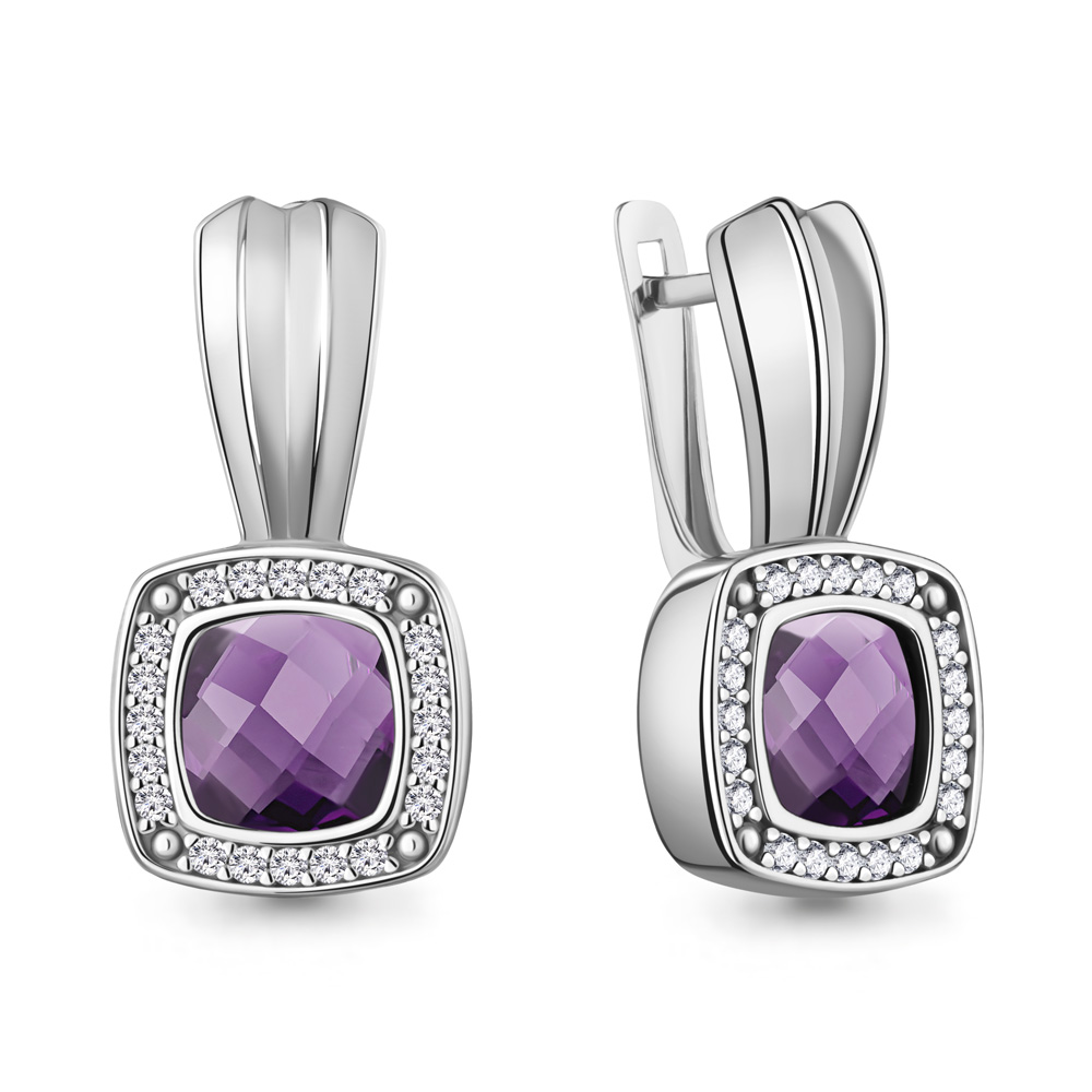 45011504А Серьги из Серебра с аметистами, фианитами