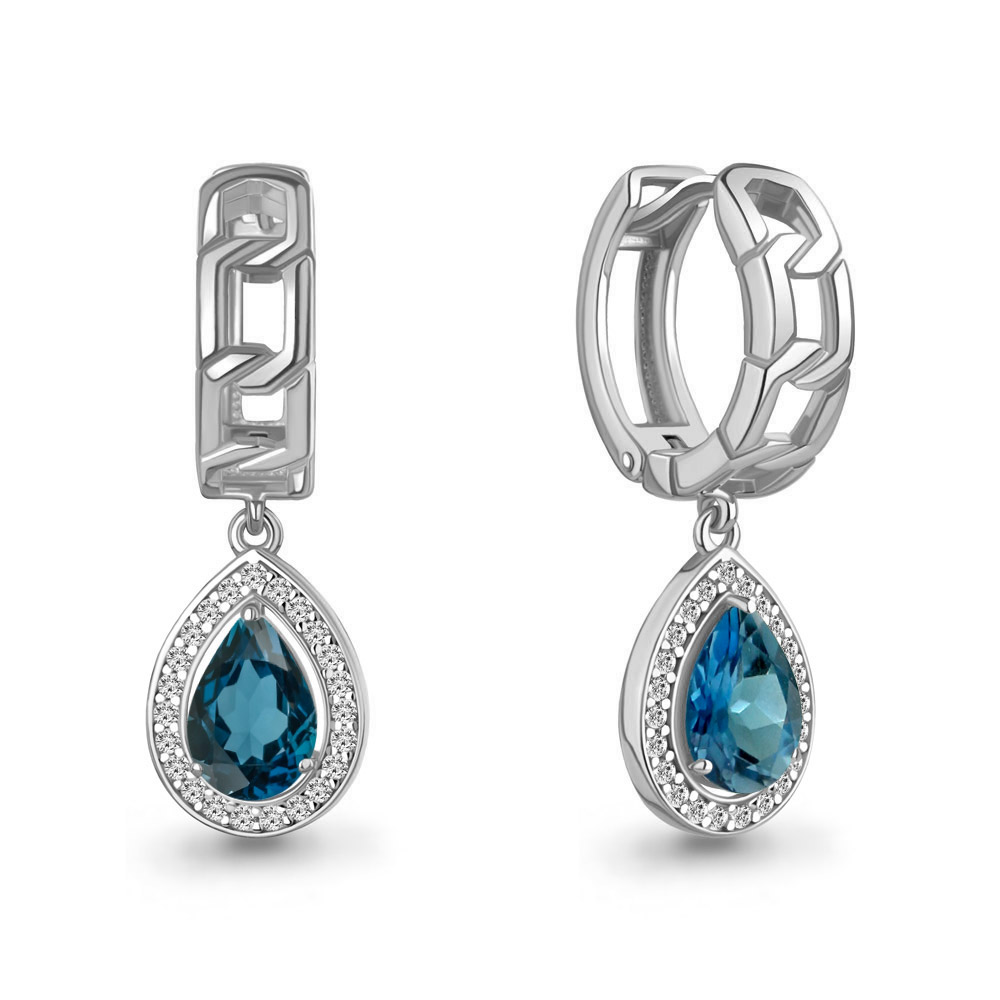45011908А Серьги из Серебра с топазами лондон блю, фианитами
