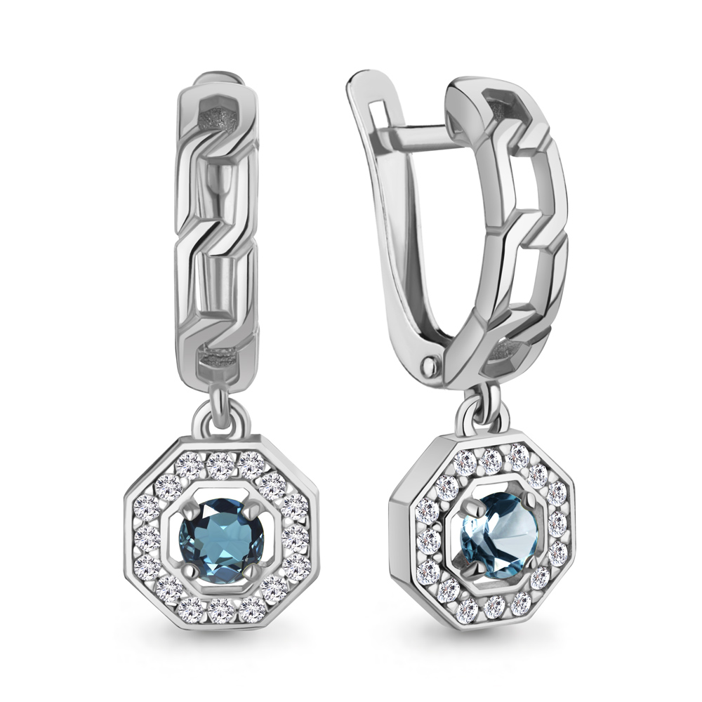 45012308А Серьги из Серебра с топазами лондон блю, фианитами