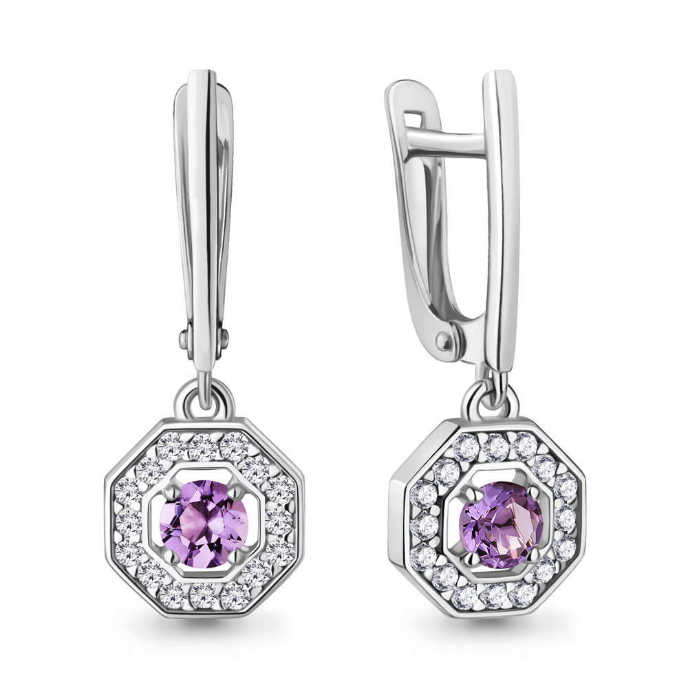 45012404А Серьги из Серебра с аметистами, фианитами