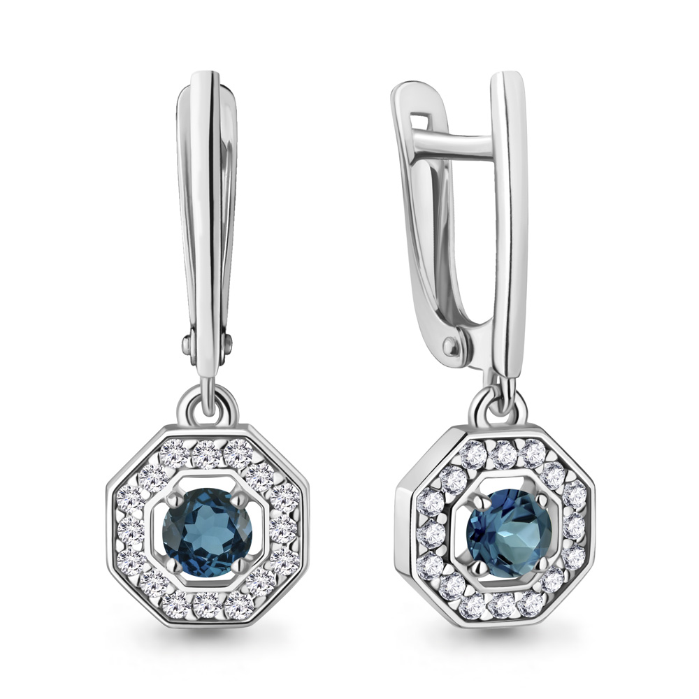 45012408А Серьги из Серебра с топазами лондон блю, фианитами