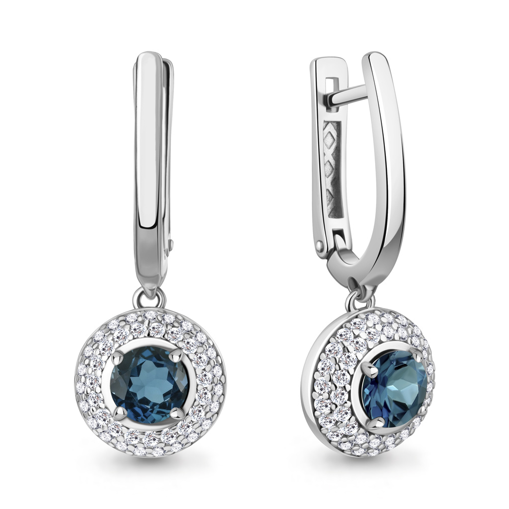 45013208А Серьги из Серебра с топазами лондон блю, фианитами