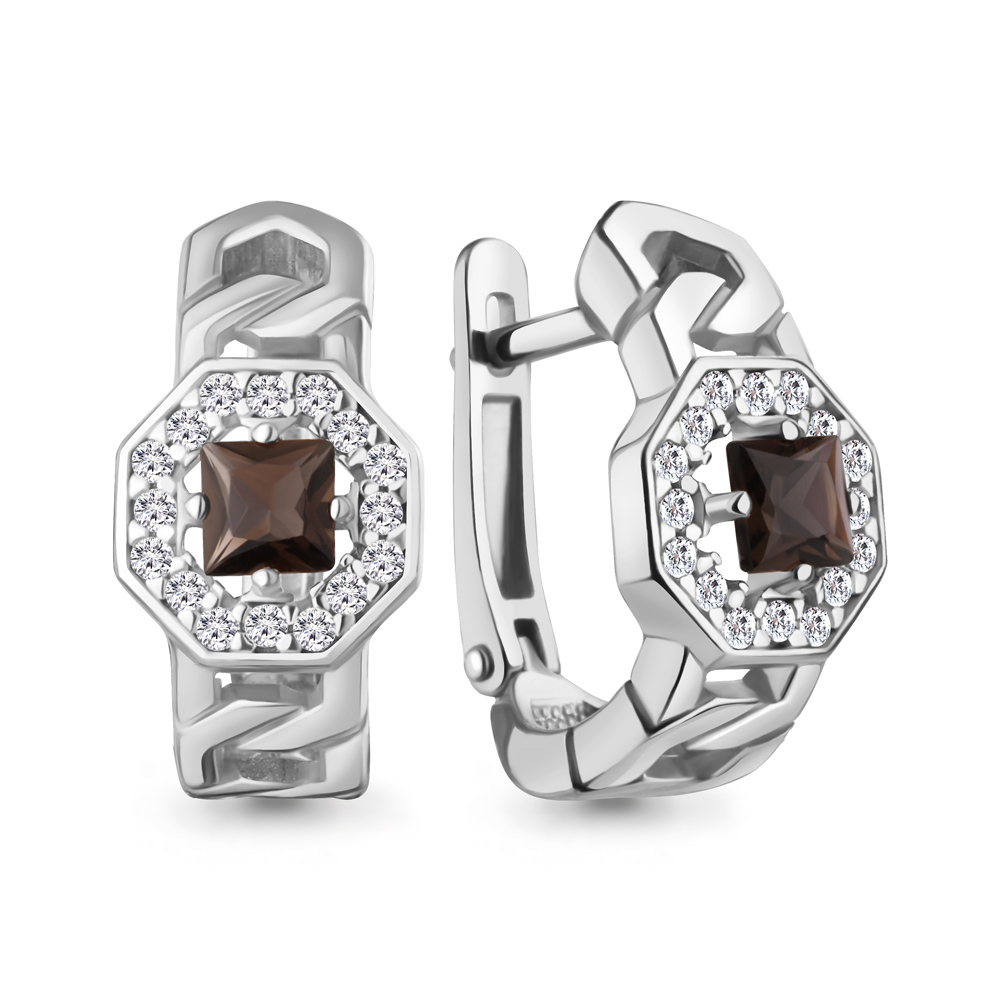 45013301А Серьги из Серебра с кварцами дымчатыми, фианитами
