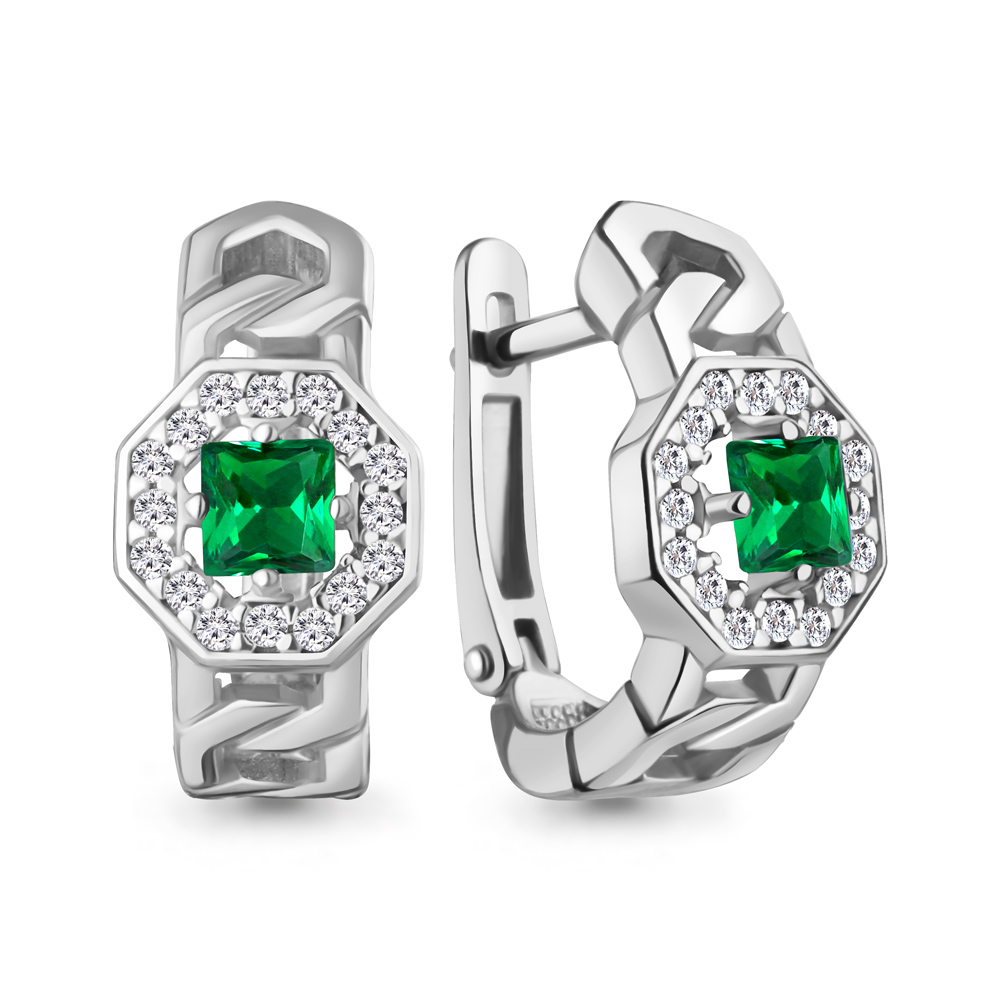 450133АГ Серьги из Серебра с наноизумрудами, фианитами