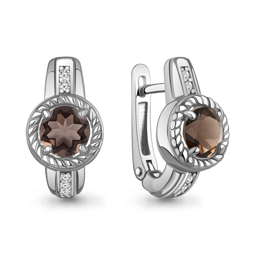 45014001А Серьги из Серебра с кварцами дымчатыми, фианитами