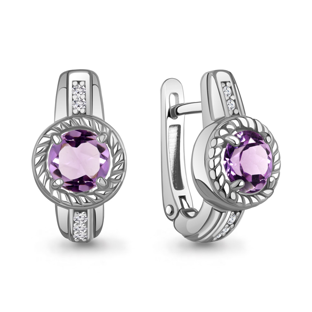 45014004А Серьги из Серебра с аметистами, фианитами