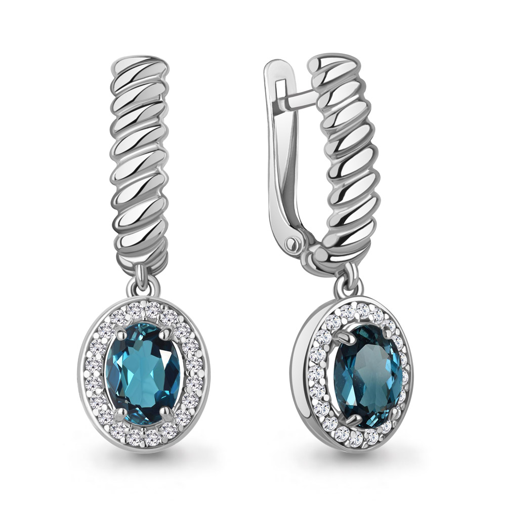 45014208А Серьги из Серебра с топазами лондон блю, фианитами