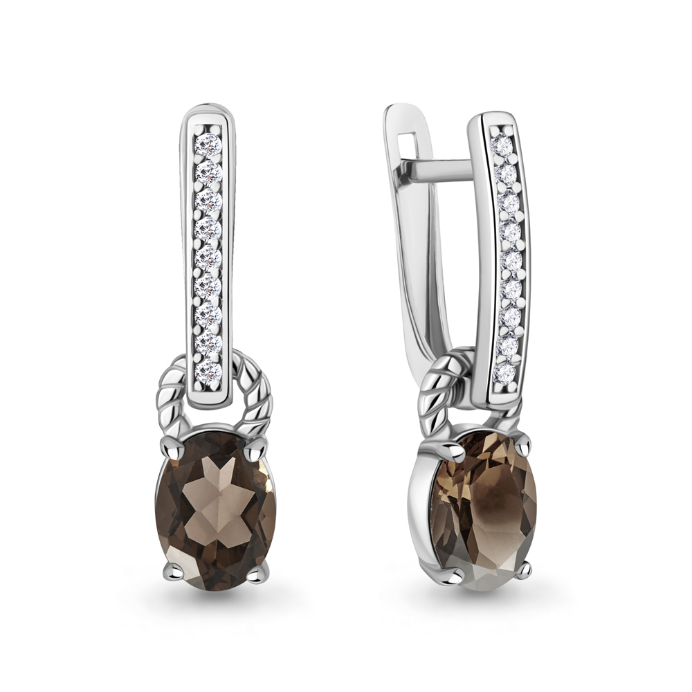 45014301А Серьги из Серебра с кварцами дымчатыми, фианитами