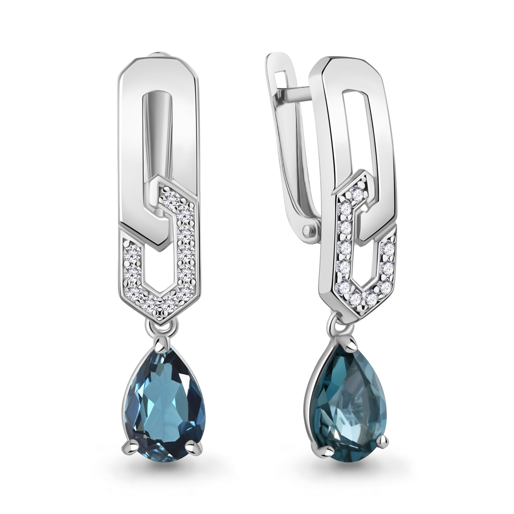 45016408А Серьги из Серебра с топазами лондон блю, фианитами