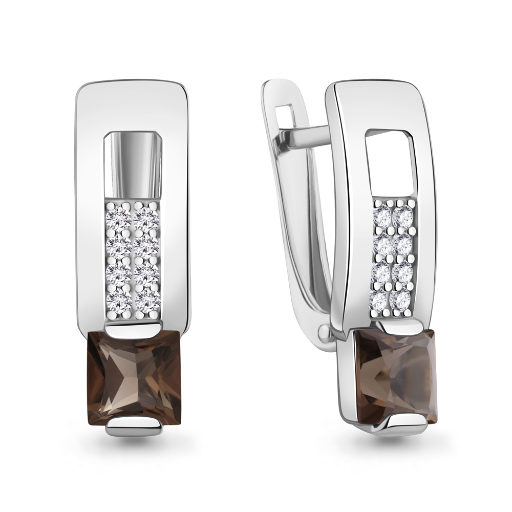 45017501А Серьги из Серебра с кварцами дымчатыми, фианитами
