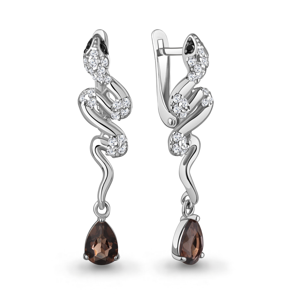 45018001АЧ Серьги из Серебра с кварцами дымчатыми, нанокристаллами, фианитами