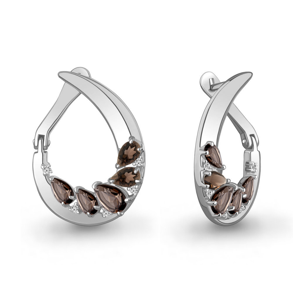 45018601А Серьги из Серебра с кварцами дымчатыми, фианитами